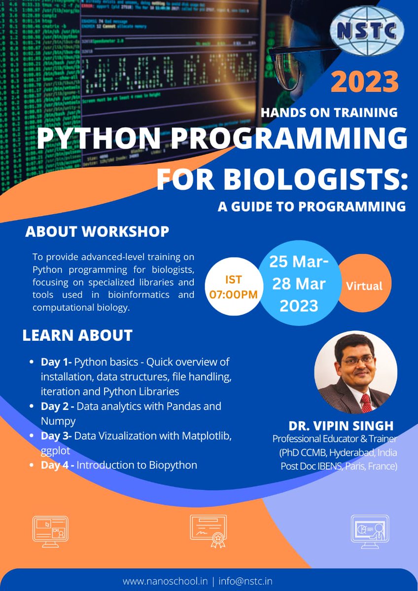 dr_vipin_singh's tweet photo. After the very successful 8 day R for Biologists workshop, we bring you
Python for Biologists ! last 2 days to register !
#Pythonbasics #Panadas #Numpy #Biopython
Enroll here - https://t.co/1YqznteWQX
25th March to 28th March - 7:00 pm to 8:00 pm 0nline https://t.co/w75ZG3O5WI