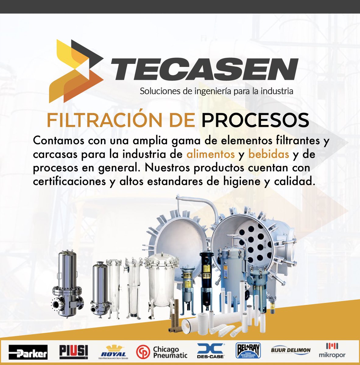 Tecasen's tweet photo. Nuestra gama de productos abarca las siguientes aéreas: pre estabilización, estabilización final, agua de procesos, preparaciones sanitarias, carcasas de filtración, vapor culinario.
#tecasen #solucionesdeingeniería #ingeniería #industrial #filtracionhidraulica #descase https://t.co/xHg5hbaQzG