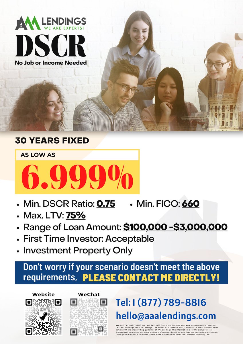 'Want to buy an investment home? Don't miss out!!

DSCR is here to help. 

Call📱 or email📧 us for full details and find out why no one has a DSCR interest rate like ours. 

#nonqm #dscr #foreignnational #cashout #refinancing #mortgage #homebuyer #nonqmlending #lender