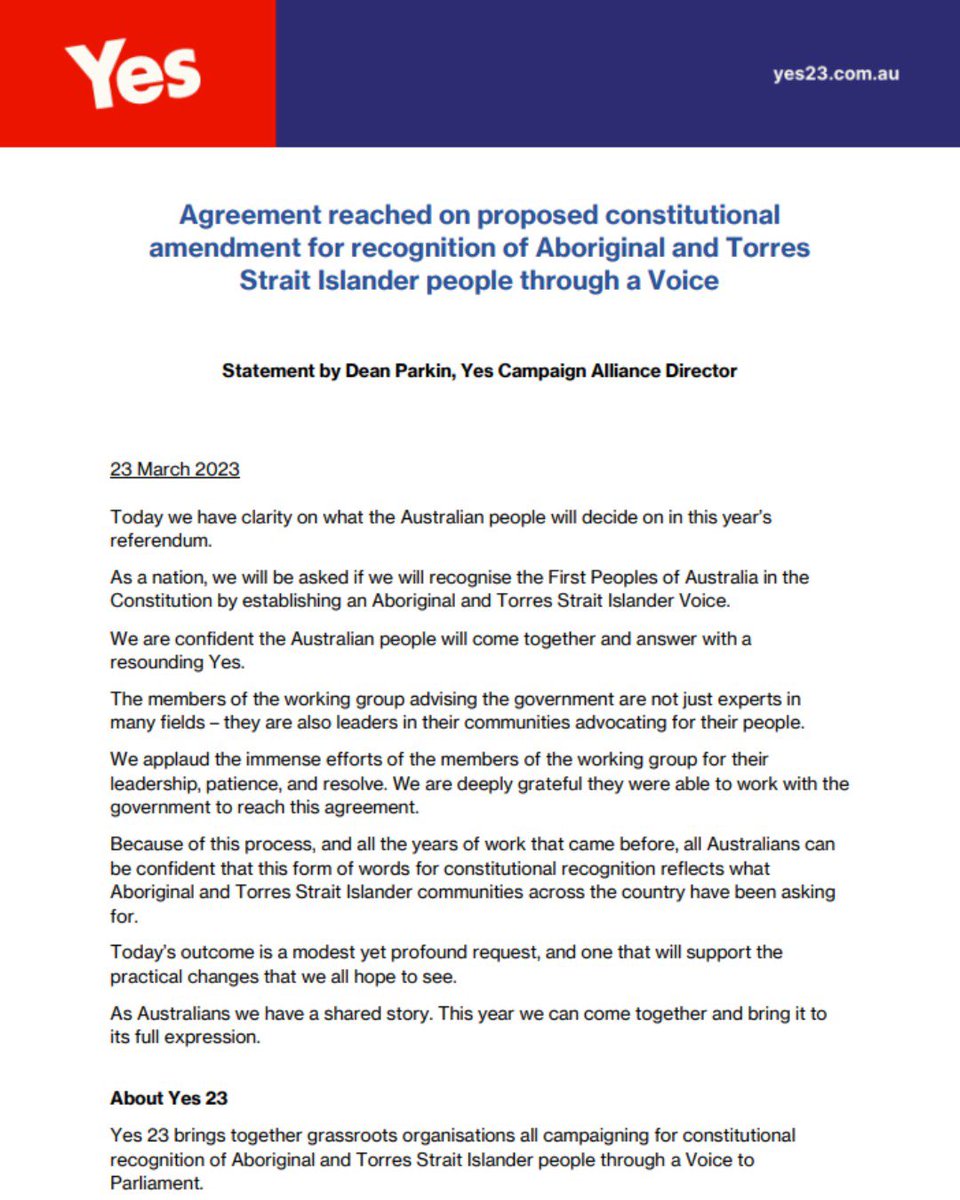 Agreement reached on proposed constitutional amendment. This is a modest yet profound request, and one that will support the practical changes we all hope to see

#yes23 #referendum2023 #constitutionalrecognition #voicetoparliament