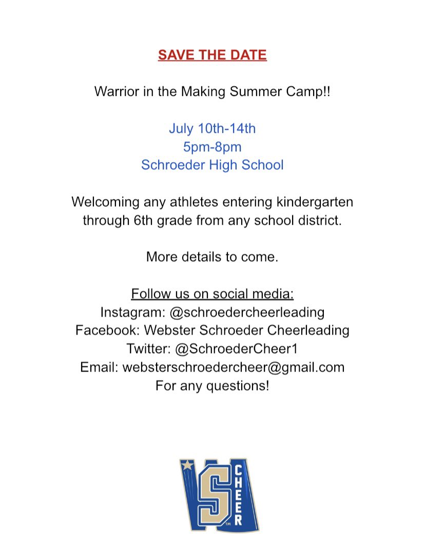 SchroederCheer1's tweet photo. We are so excited to be hosting a summer camp for any kindergarteners through 6th graders from any district interested!! 
Please message or email for any questions and we will have more information to come! https://t.co/rudrtUKSnC