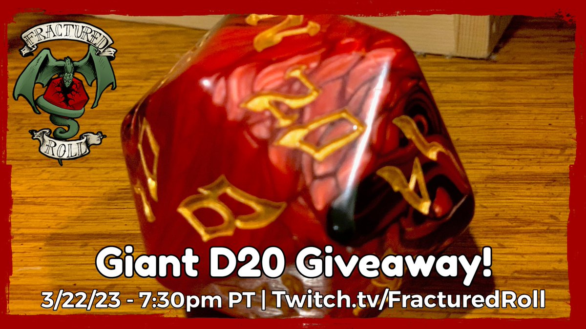 ADVENTURERS!! All are well and ready to fight #Tiamat and her followers!

Join us tonight at 7:30 pm PT for our next #dnd session! And our Giant d20 Giveaway! 🎲💥

❓Want an entry? Easy!
✅ RT &amp; Like this
✅ Follow us
twitch.tv/fracturedroll 👀
#dungeonsanddragons #giveaway #d20