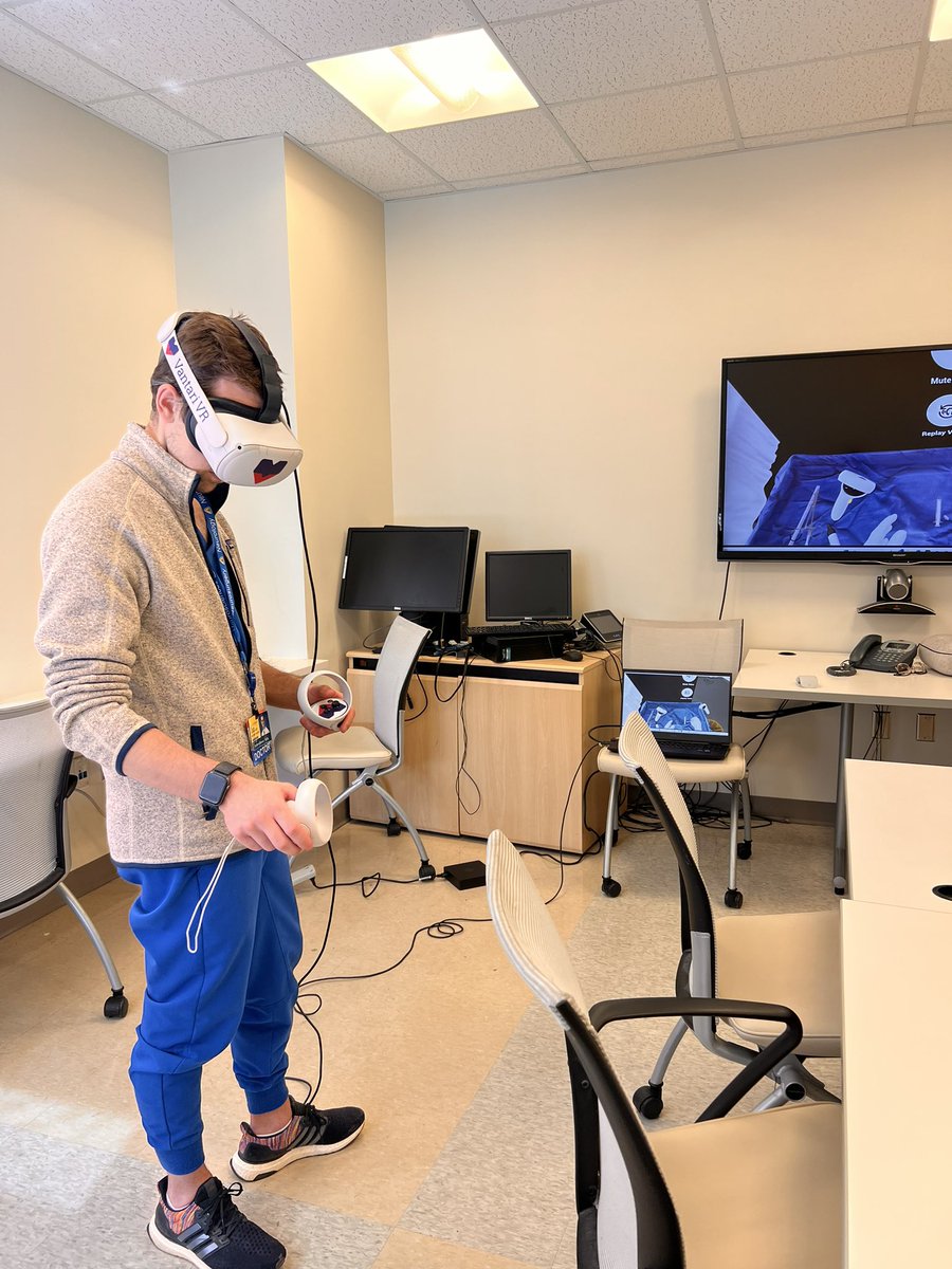 Placed an IJ CVC in virtual reality today courtesy of @VantariVr and @katblatt @HopkinsNCCU. The fidelity was incredible. For example, I realistically pulled the guide wire back until it came out of the brown port and then grabbed the exposed wire and advanced the catheter. #VR