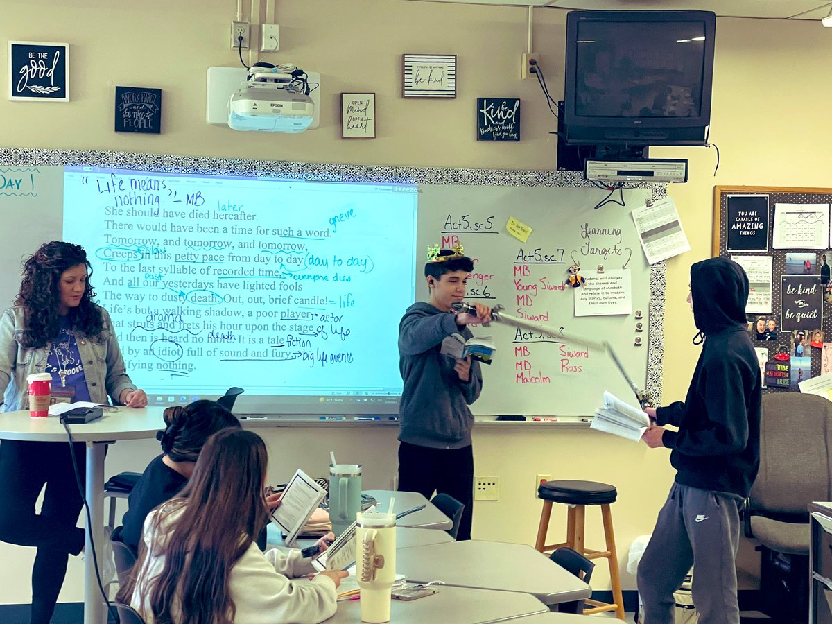 MrsJahnTwp's tweet photo. That’s a wrap on Macbeth! The rightful king has been crowned yet again. Year after year, this still remains my favorite thing to teach my seniors! 👑🧙🏼♀️🩸#doubledoubletoilandtrouble #shakespeare #lovewhatyoudo #wthsfamily @HerrAndersonWT https://t.co/Xr30c574ly