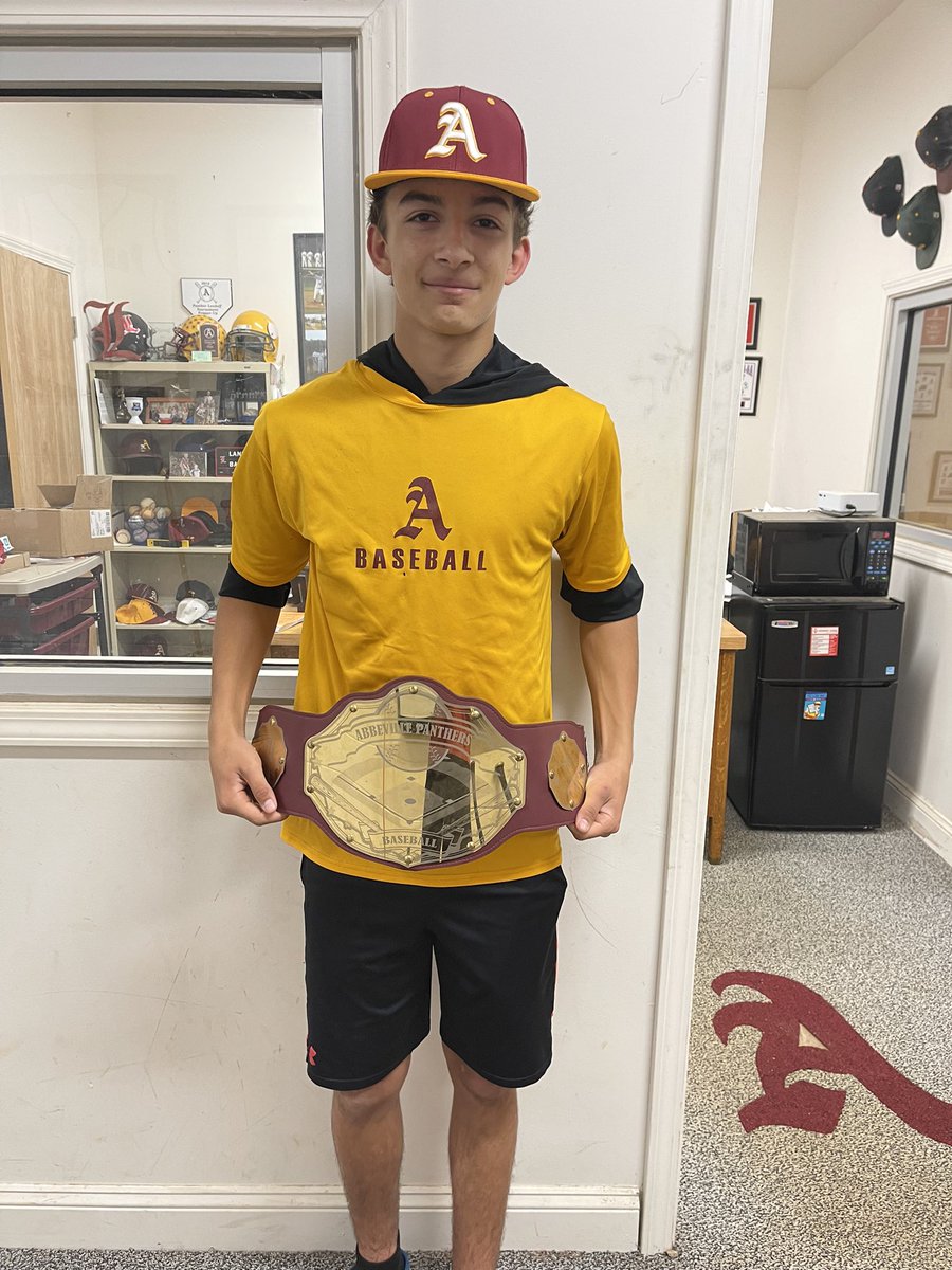 The  Panther Player of the Week shout out to Grady Overholt. He was awarded the Panther Belt for his contributions for Abbeville High School Baseball He will also get a Rough House gift certificate. #reptheA #allabouttheA