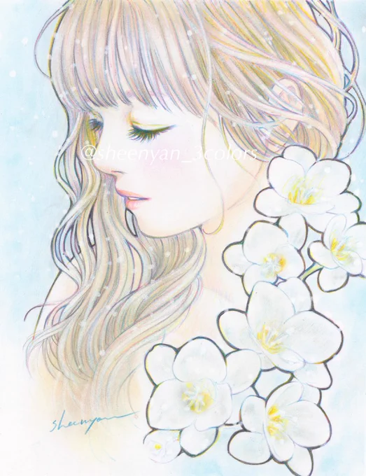 #私の世界へご案内します素敵タグ、下書きにありましたC,M,Yの3色だけで表現するフルカラー(風)イラストふわっとした雰囲気とメリハリ、そんな作品が多い気がしますお花を添えるのも好きです①〜③オリジナルイラスト④似顔絵#色鉛筆画 #3色 #イラス卜 #似顔絵 #ステッドラー 