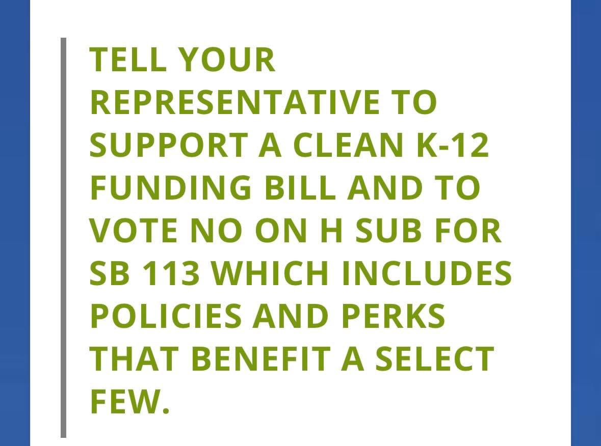 Friends, fam, union siblings, and pro-public education supporters, VOTE NO on the H sub for SB113.   Both Democrat and Republican legislators are considering to vote yes on this bill.  

Urge them to VOTE NO!  

(underthedomeks.org/take-action-no…)