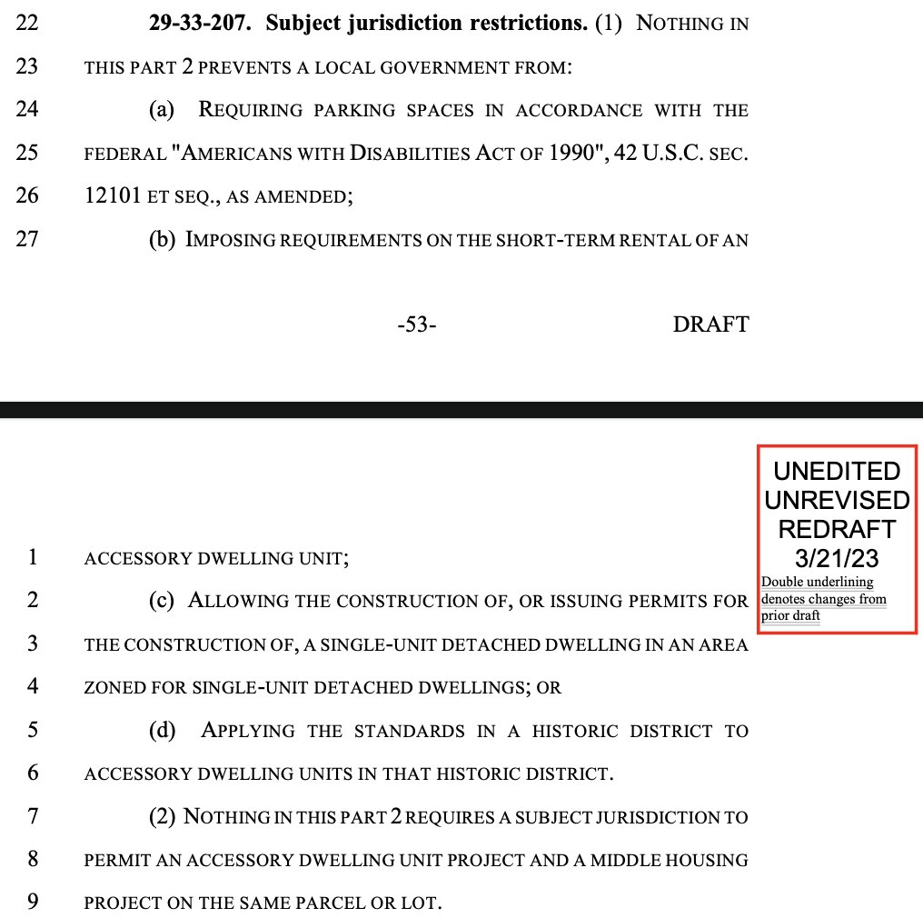 BuildUpDenver's tweet photo. Last bit on ADUs. The bill doesn't forbid restricting short-term rentals in ADUs, doesn't require cities to permit ADUs on missing middle lots (which will be the angry subject of tomorrow's #BuildupDenver post) https://t.co/N4tpKFwm0A