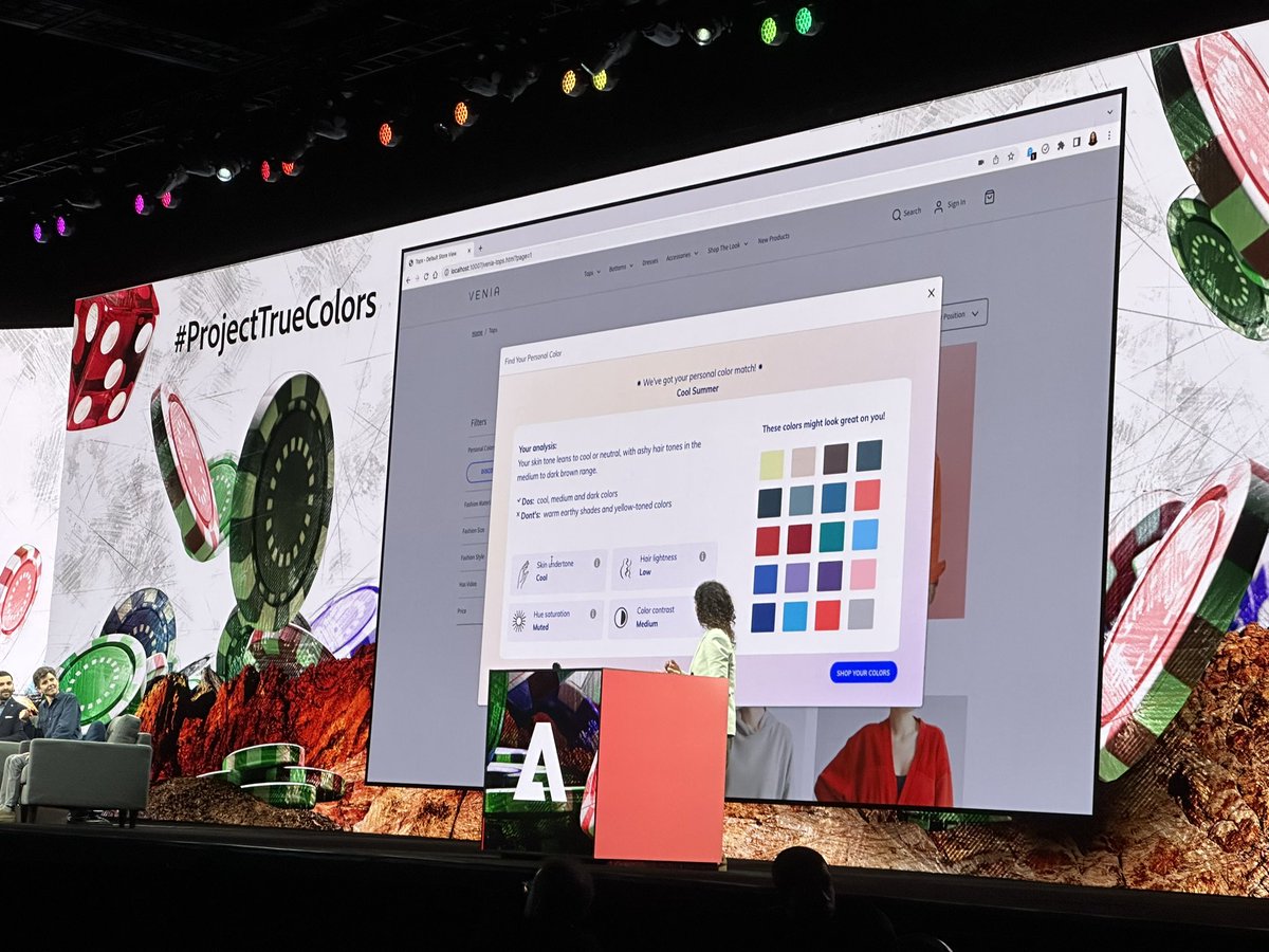 JoshuaSWarren's tweet photo. This #AdobeSummit sneak, #ProjectTrueColors, rocks! It allows you to upload a photo of yourself and uses AI to identify the colors that look best on you, which is used for product filtering and recommendations on Adobe Commerce sites. Great seeing a sneak built on Venia & Magento https://t.co/E8n4jaetTN