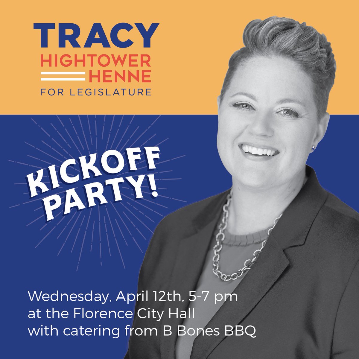 🎉Join us for the official campaign kickoff party!🎉 We'll be at the Florence City Hall on April 12, 2023, from 5:00-7:00 PM with music and food catered by B's Bones & Sauce BBQ. Let’s show up and show out for this campaign. #neleg #lucky13 #partywithapurpose