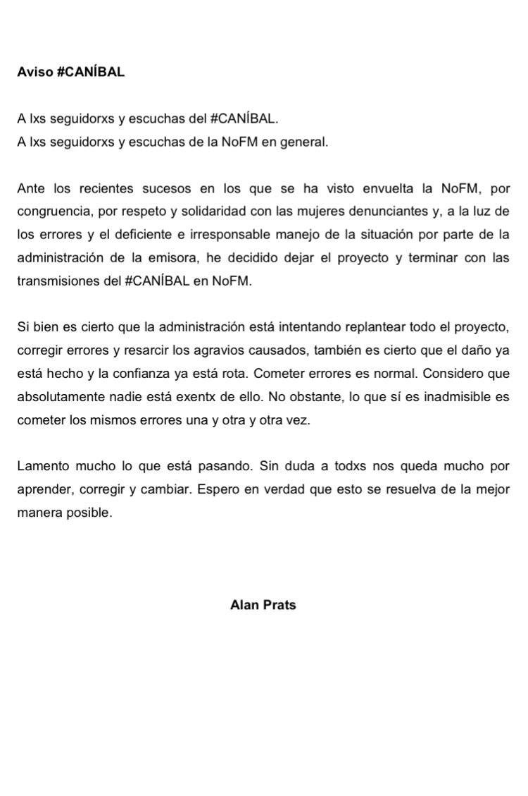 al_prats's tweet photo. Este viernes no hay #CANÍBAL.

A decir verdad, ya no habrá más #CANÍBAL por @nofm_radio.

Gracias a todxs lxs que me escucharon durante todo este tiempo. Les debo mucho… https://t.co/9wQJXLAlCT