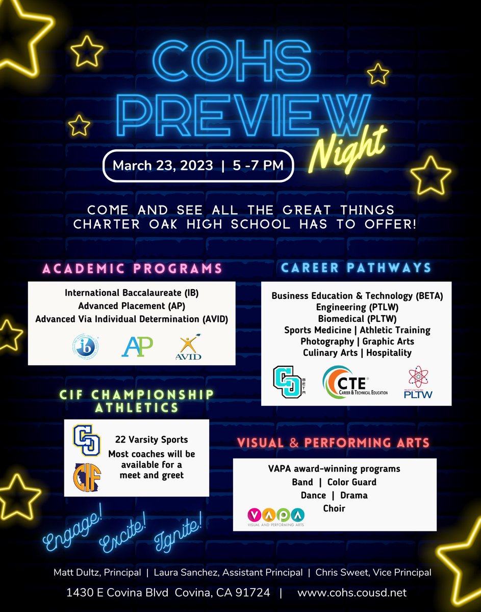 Thursday March 23 is our Preview Night event to give parents of current and incoming students a chance to meet our teachers and coaches to hear about all the great programs, clubs, and activities COHS has to offer our students. The event will run from 5pm - 7pm.