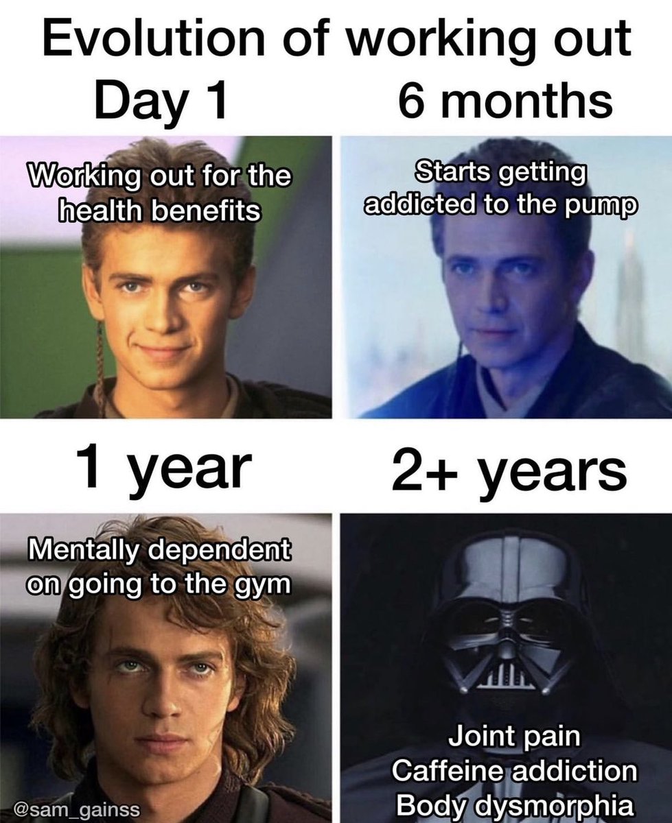 billyphysique's tweet image. I’ve never understood this meme. If at 2+ years you’re experiencing joint pain, are dependent on caffeine to get thru your workout, or struggling with body dysmorphia — you’re doing something very wrong.