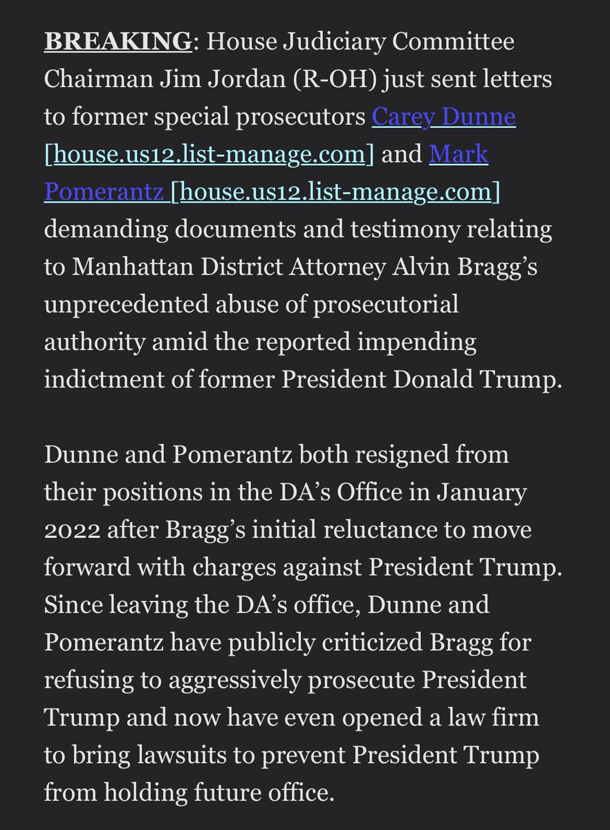 Response this AM from the Manhattan DA's office: "...this Office will always treat a fellow government entity with due respect. Therefore, again, we request a meet & confer to understand whether the Committee has any legitimate legislative purpose..."