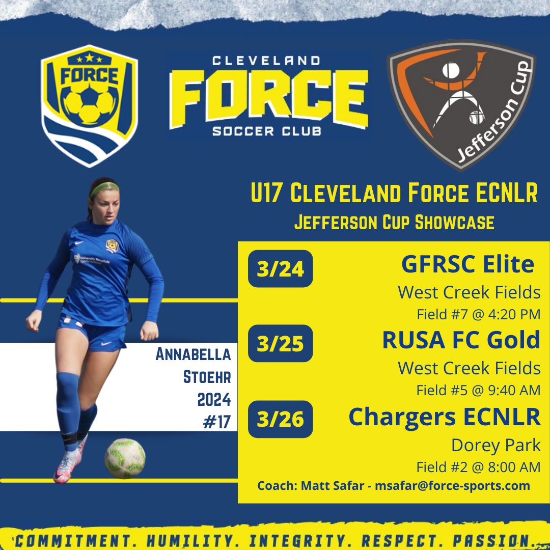 Cleveland ➡️➡️ Virginia 

Heading to Jefferson Cup this weekend‼️ Excited to compete with my U17 <a href="/ClevForceSC/">Cleveland Force SC</a> <a href="/ECNLgirls/">ECNL Girls</a> Regional team‼️ 
My schedule is listed below ⤵️
<a href="/ImCollegeSoccer/">College Soccer Truth ™</a> 
@SoccerMomInt 
<a href="/TopDrawerSoccer/">TopDrawerSoccer</a> 
<a href="/ECNLOhioValley/">ECNL Ohio Valley Conference</a>