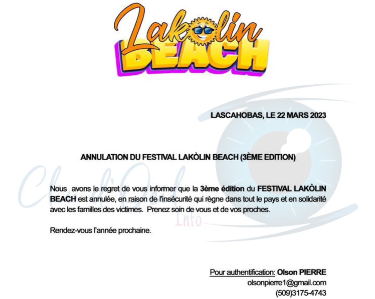 clindoeilinfo1's tweet photo. La 3eme édition du FESTIVAL LAKOLIN BEACH, qui se tient régulièrement à #Lascahobas, est annulée, en raison de l’insécurité qui règne dans tout le pays et en solidarité avec les familles des victimes, a-t-on appris, via une note portant la signature de #OlsonPIERRE. https://t.co/sp5quQ4tyE