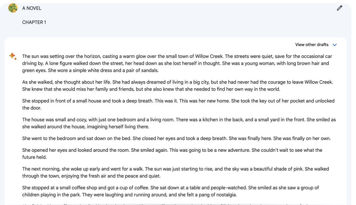 nostalgebraist's tweet photo. wait,

what??

why do Bard AND ChatGPT *both* write an anodyne story about a young woman in idyllic "Willow Creek" at sundown???

(details: it's not deterministic, often you get a different town name, different phrasing, etc. broad strokes are similar though. gpt-4 does it too.) https://t.co/rBXHzsToH5