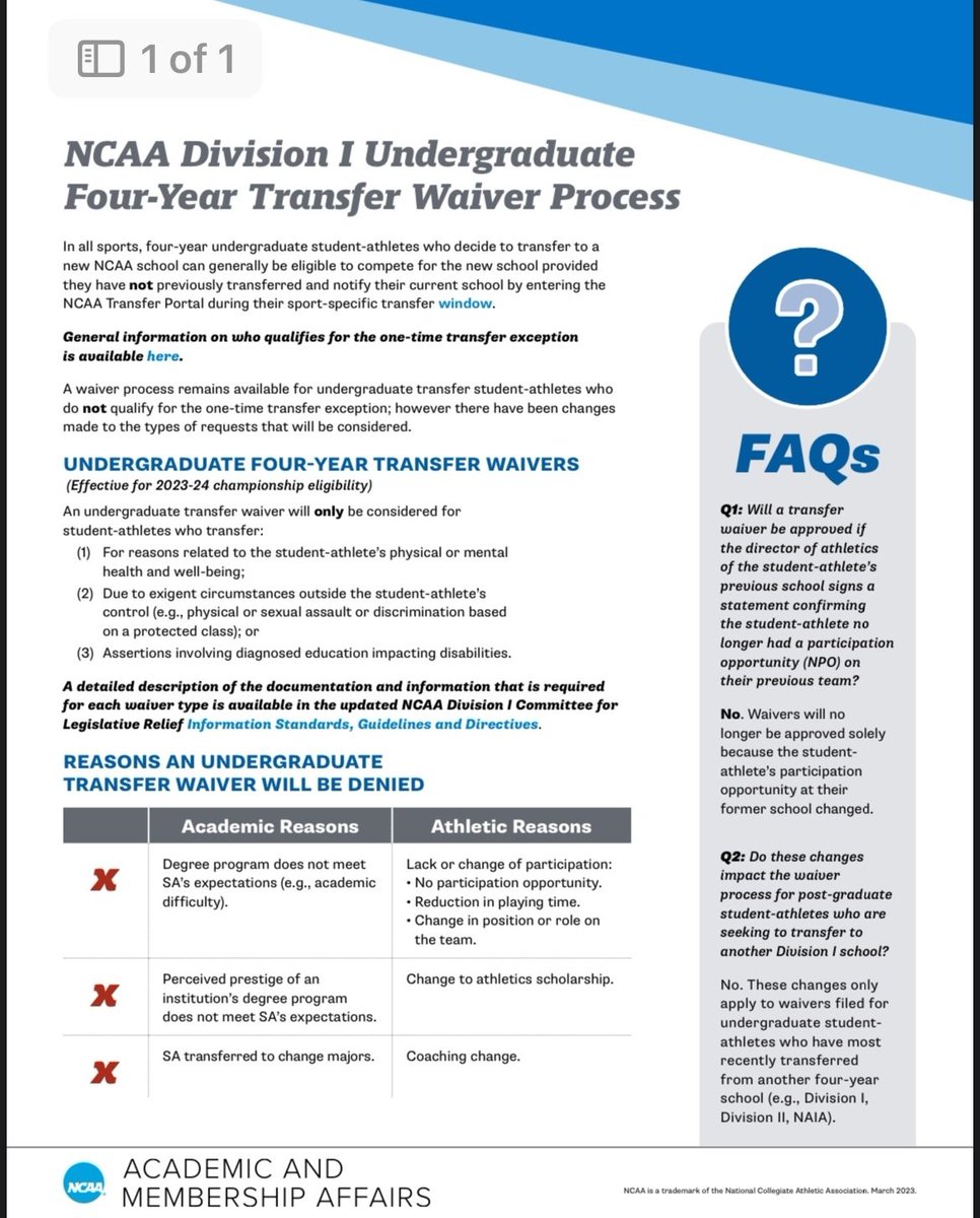 The NCAA sent college programs this memo earlier regarding the waiver process for undergraduates who are two-time transfers.