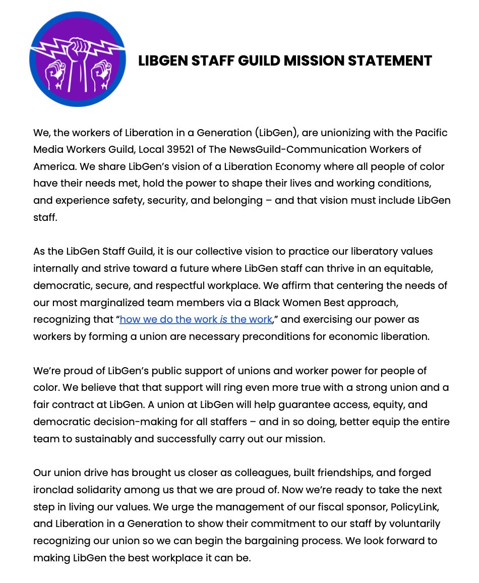 LibGenGuild's tweet image. THREAD: We, the workers of @Liberation_Gen @PolicyLink, have UNIONIZED with @PacMediaGuild @NewsGuild @CWAUnion as @LibGenGuild ✊🏿✊🏼✊🏽 

This morning, we asked @PolicyLink management to voluntarily recognize our union. Full mission statement 👇🏾 #LibGenUnion⚡#1u #UnionStrong