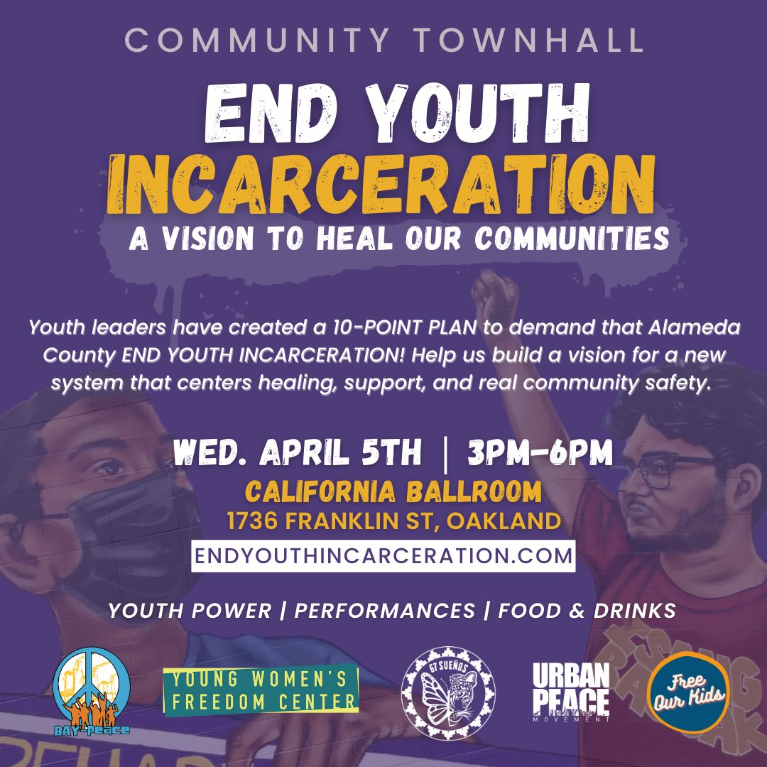 urbanpeace's tweet photo. Help us END YOUTH INCARCERATION In Alameda County!

💰It costs up to $800k to incarcerate a young person in Alameda County's current juvenile justice system. Join us to hear from youth leaders about how we could use 💲to help &amp; not harm! ✨

Register: https://t.co/boBhgZyr26 https://t.co/QS0AP4ECGL