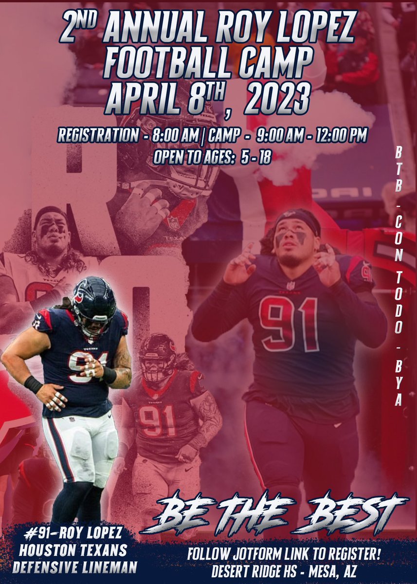 The 2nd Annual <a href="/RoyLopez__/">Roy Lopez</a> Football Camp is coming up in a couple of weeks. This was an awesome event last year, get hands-on coaching from Lopez (current Houston Texan), + great food and a family environment. This is a FREE camp, Link ➡️ form.jotform.com/23058448929116…
<a href="/CoachRoyLopez/">Roy Lopez</a>