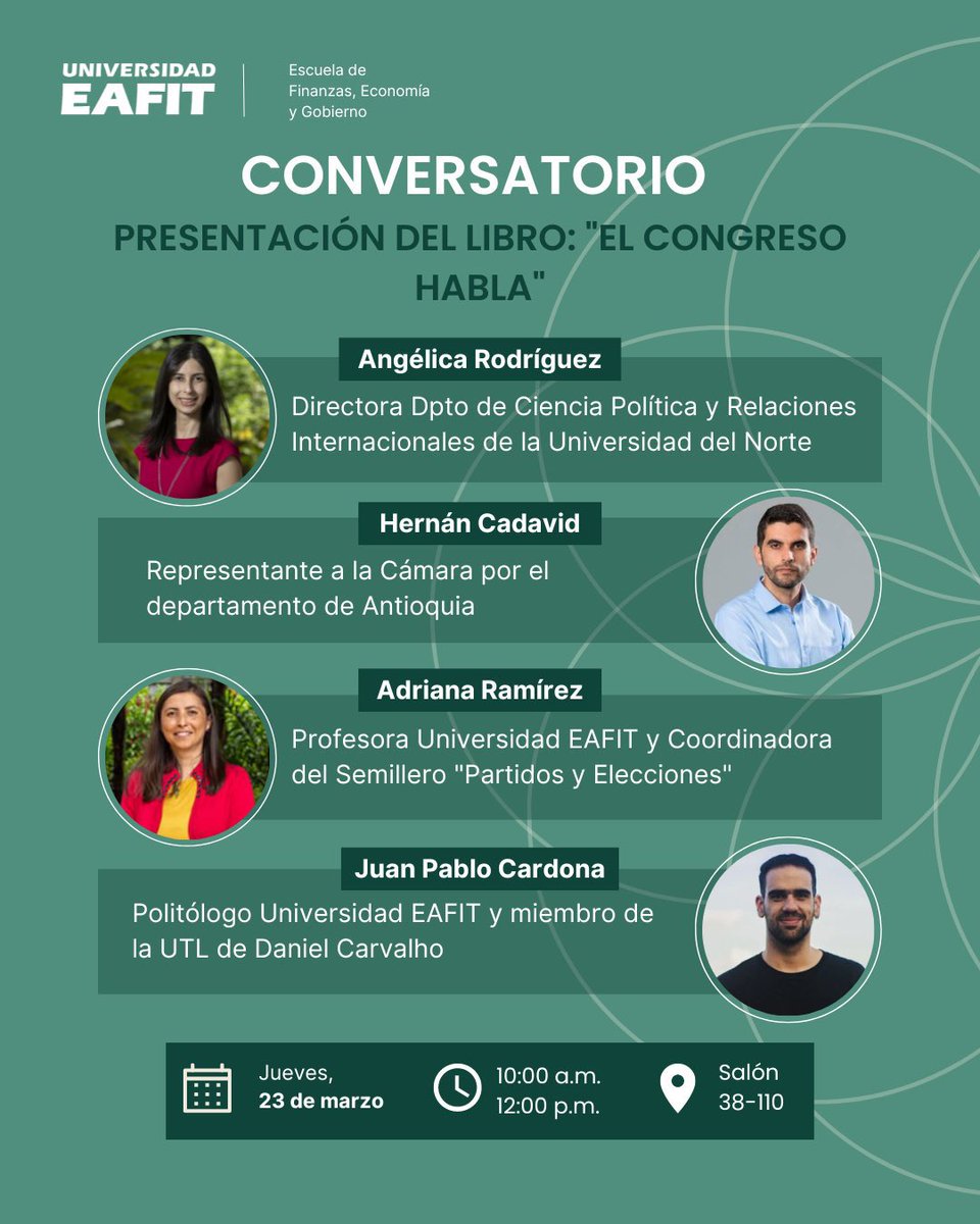 FelipeMurilloC's tweet photo. ¡Toda la comunidad eafitense y no eafitense está cordialmente invitada a esos dos maravillosos espacios! 

Nos vemos mañana en este evento organizado por el pregrado en Ciencias Políticas (@cpoliticaseafit) y la Escuela @FEG_EAFIT. https://t.co/uN2MmOgEUl