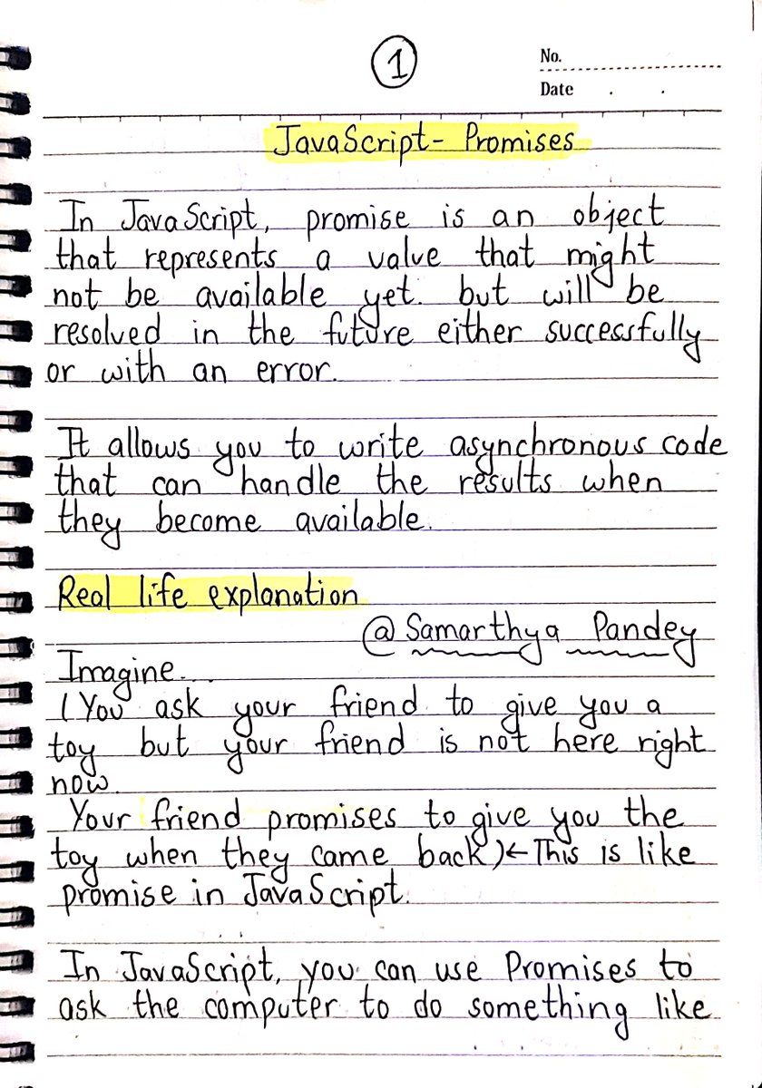 sama_rthya's tweet photo. Handwritten JavaScript Notes.

Today it's about Promises in JavaScript.  

In this notes, you will cover and understand 

-Promises basic 

-Real life example of promises.

-Fun Facts about promises.

-When to use and when to avoid it.

-Code Example(Explained).
#javascript https://t.co/Fliye1ajO2