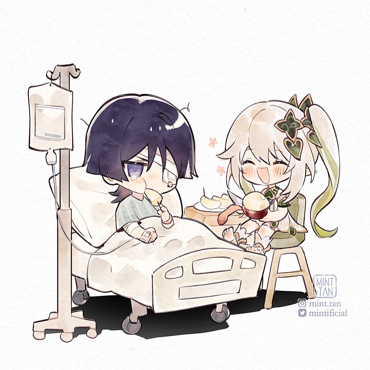 nahida (genshin impact) ,scaramouche (genshin impact) intravenous drip hospital bed 1girl 1boy closed eyes side ponytail green hair  illustration images