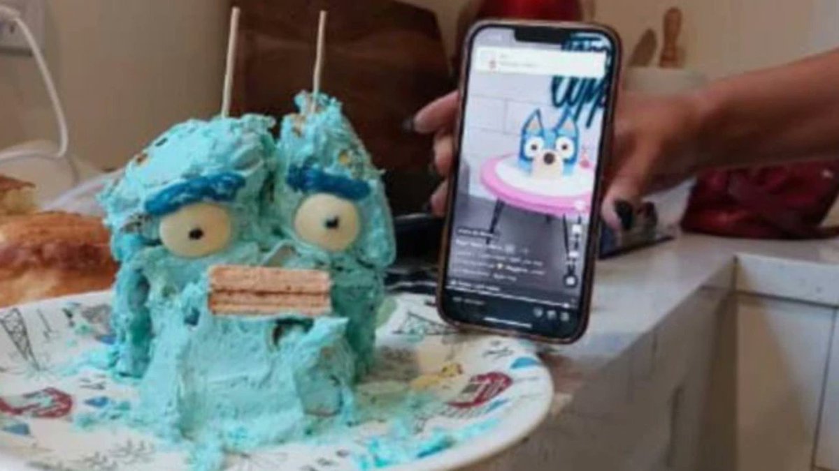 Oooooooooohhhhhh duck cake!  How's this for a fail of epic proportions, with one Aussie mum describing her attempt at the Woolworths Bluey mudcake hack as an 'abomination'.

We think it has sad Grover from Sesame Street vibes though!

#Bluey