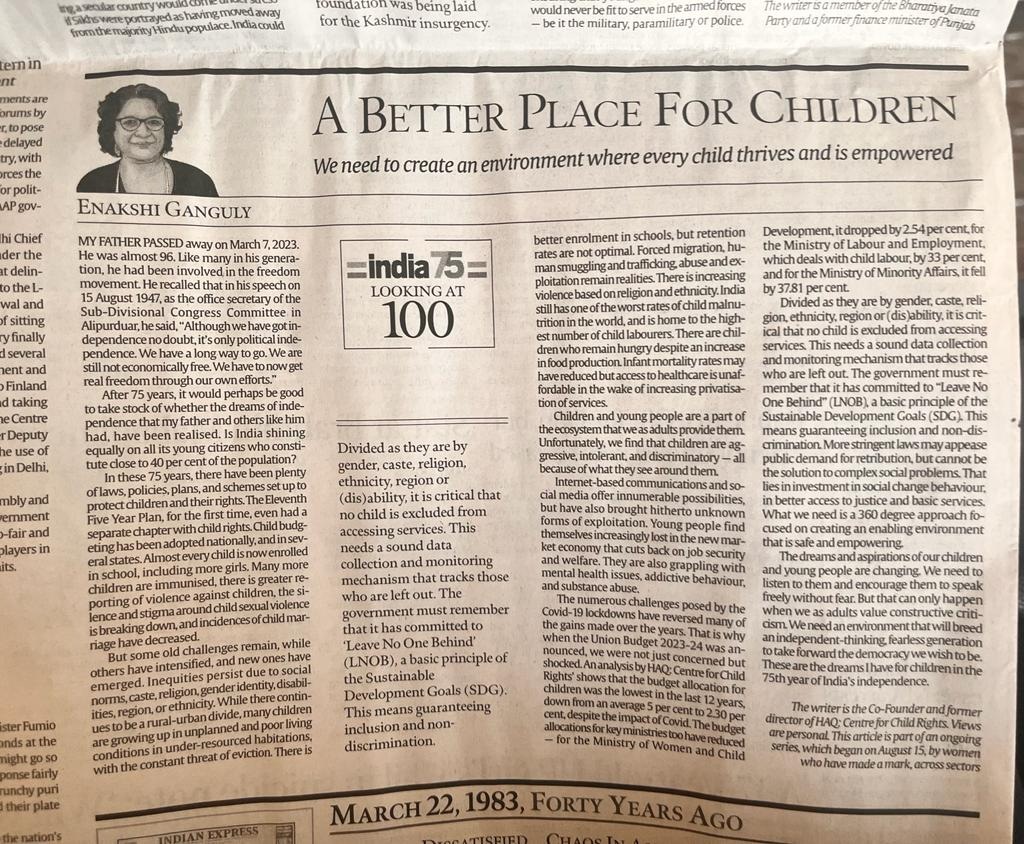 enakshi_G's tweet photo. My dreams for children in the 75th year of independence which I share with my father. @IndianExpress https://t.co/cbFiOQP628