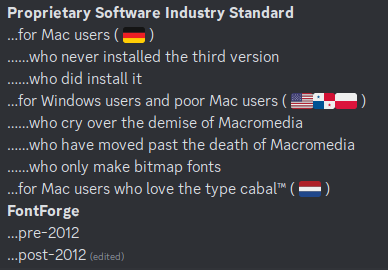 MFEKglif's tweet photo. I'm opening this up to wider feedback.

What could I mention that would make you think of the names of the proprietary products made by e.g. @glyphsapp, @fontlab, @roboFontEditor, etc., without naming the product? https://t.co/HUx8t5ocxh