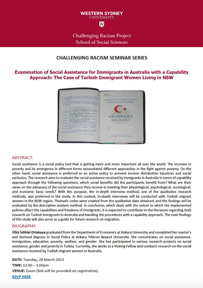 CRP invites you to the seminar on "Examination of Social Assistance for Turkish Immigrant Women in NSW" by Ulku Istiklal Ortakaya.
28 March 2023, 12:00-1:00 pm, via Zoom.
Register via Eventbrite: eventbrite.com.au/e/examination-…