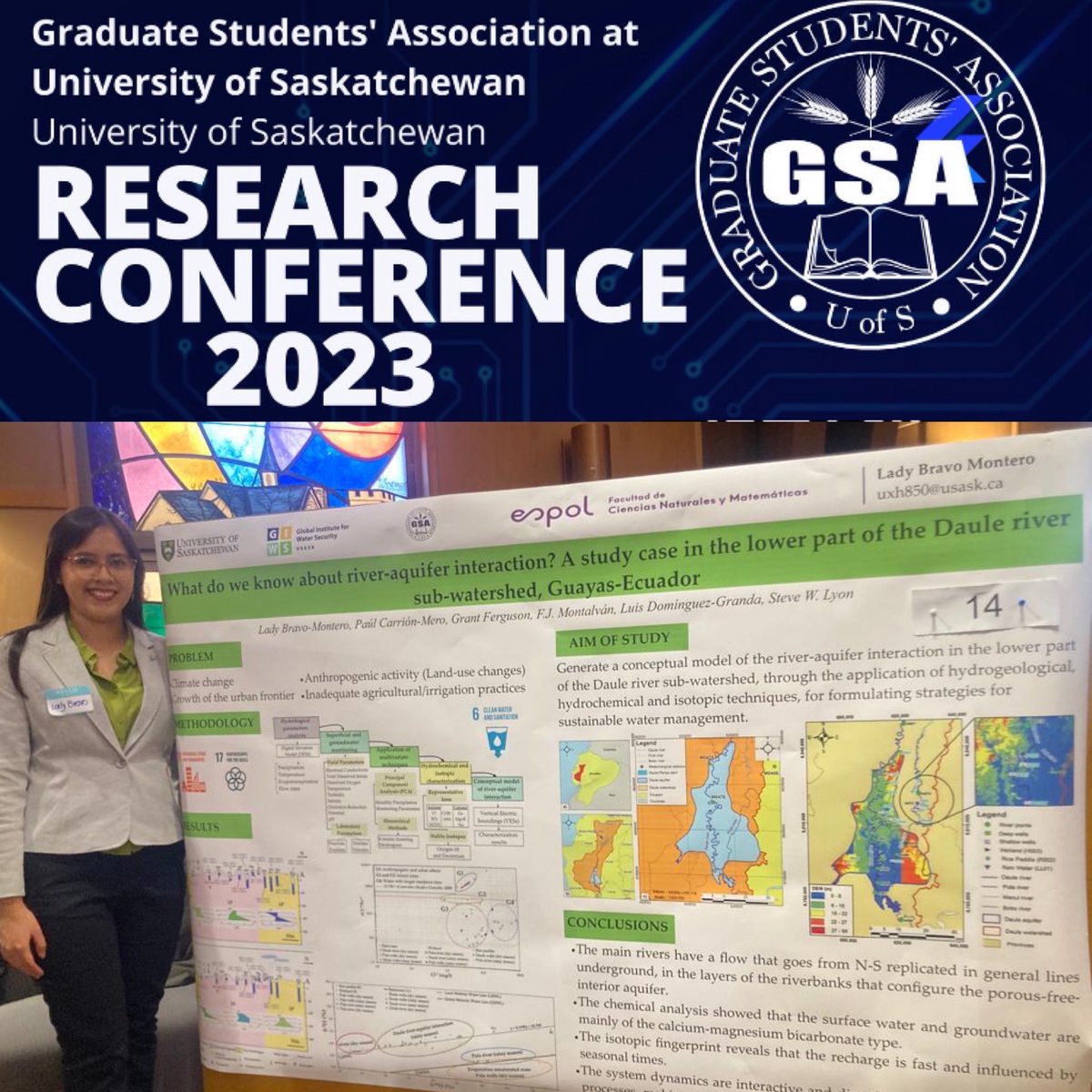 Ladykt61995's tweet photo. 2/3 🧵: I participated in the #ResearchConference2023, organized by @GSA_USask @usask, with the project titled: "Conceptual model of the river-aquifer interaction through a hydrochemical-isotopic analysis, in the lower subbasin of the Daule river, Guayas-Ecuador." https://t.co/q1j0M7IVT8