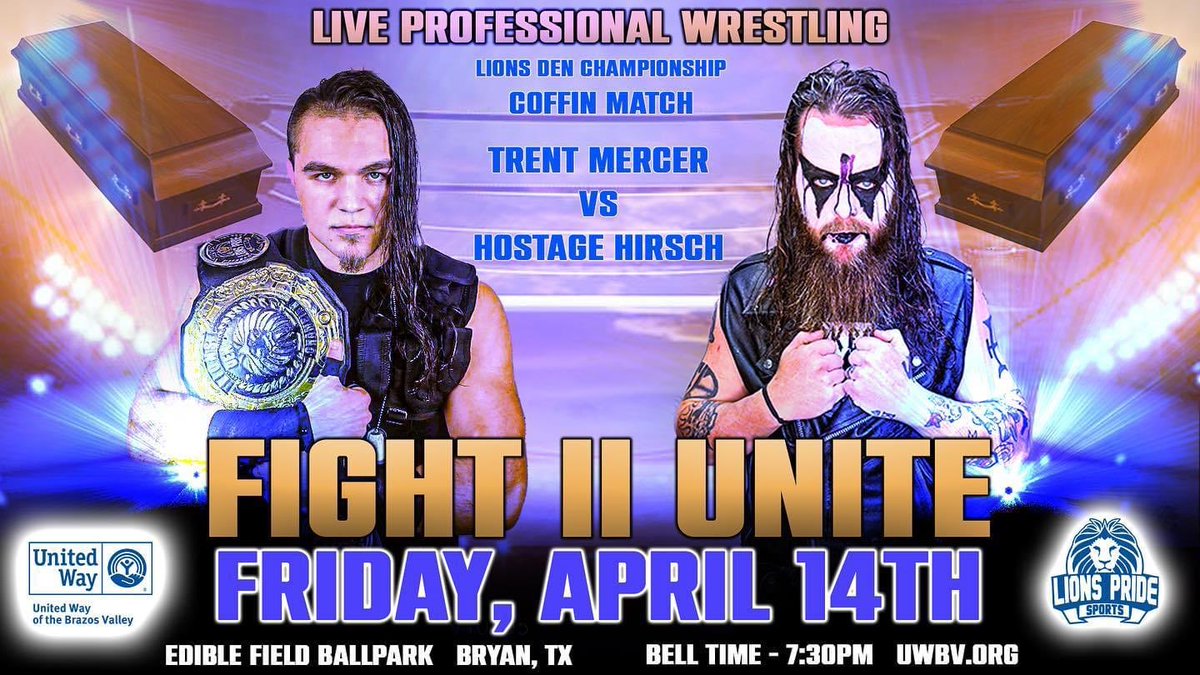 LionsPrideTX's tweet photo. For the first time in LPS history, “Watchdog” Trent Mercer will defend his Lions Den Title against “Coffin King” Hostage Hirsch in a Coffin Match!

After how personal things have gotten, their brotherly bond feels like a lifetime ago…

#FightIIUnite TIX:

https://t.co/7WTWrnqFze https://t.co/Xfuu7Pbnov