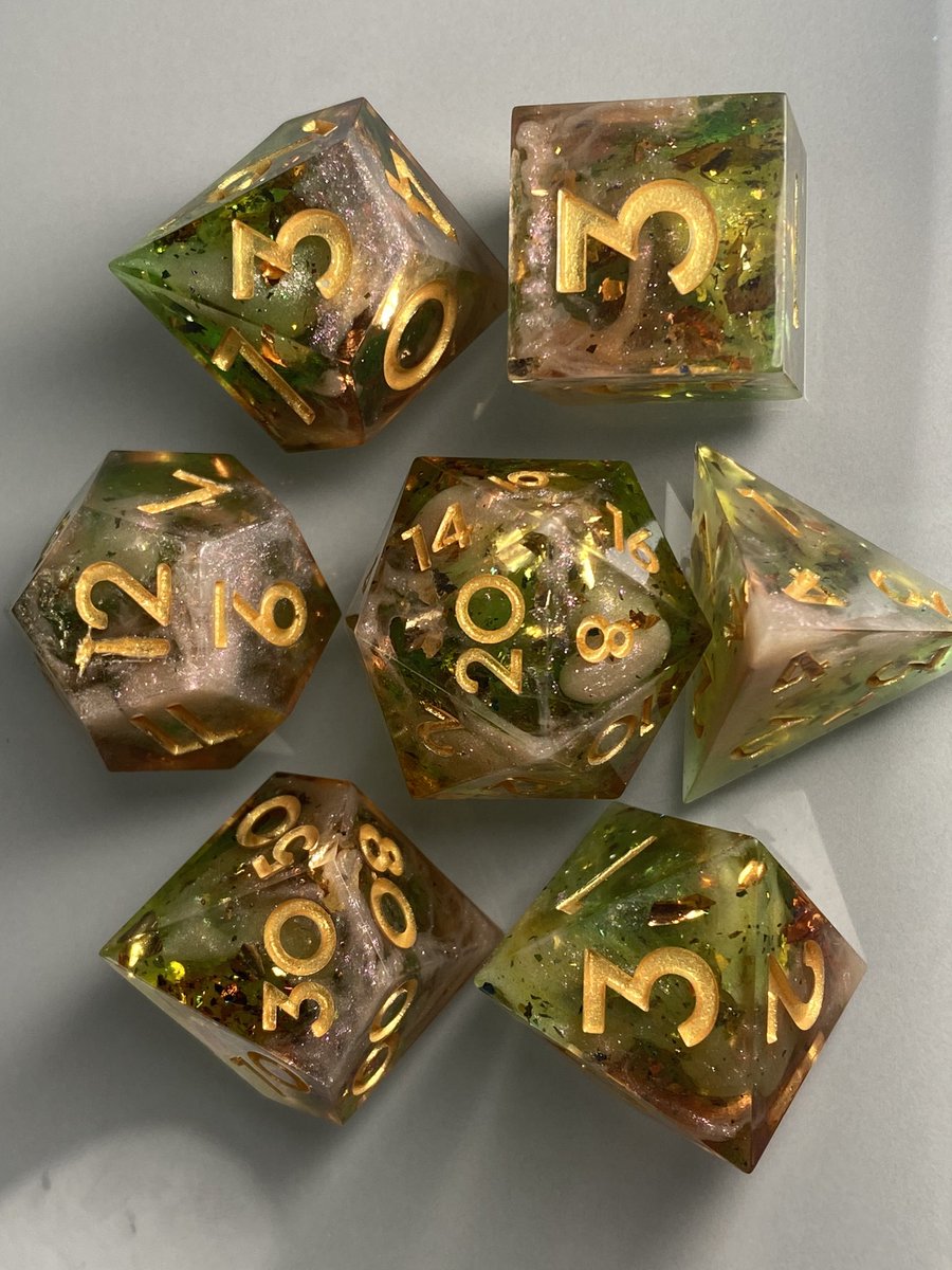 CarleySteichen's tweet image. ✨✨New Dice for Sale✨✨

New sharp edge resin dice for sale in my Etsy shop. I am calling them Forest of Light. 

You can check them out here: etsy.com/listing/143090…

#handmadedice #sharpedgedice #ttrpg #ttrpgfamily #ttrpgcommunity #dice
