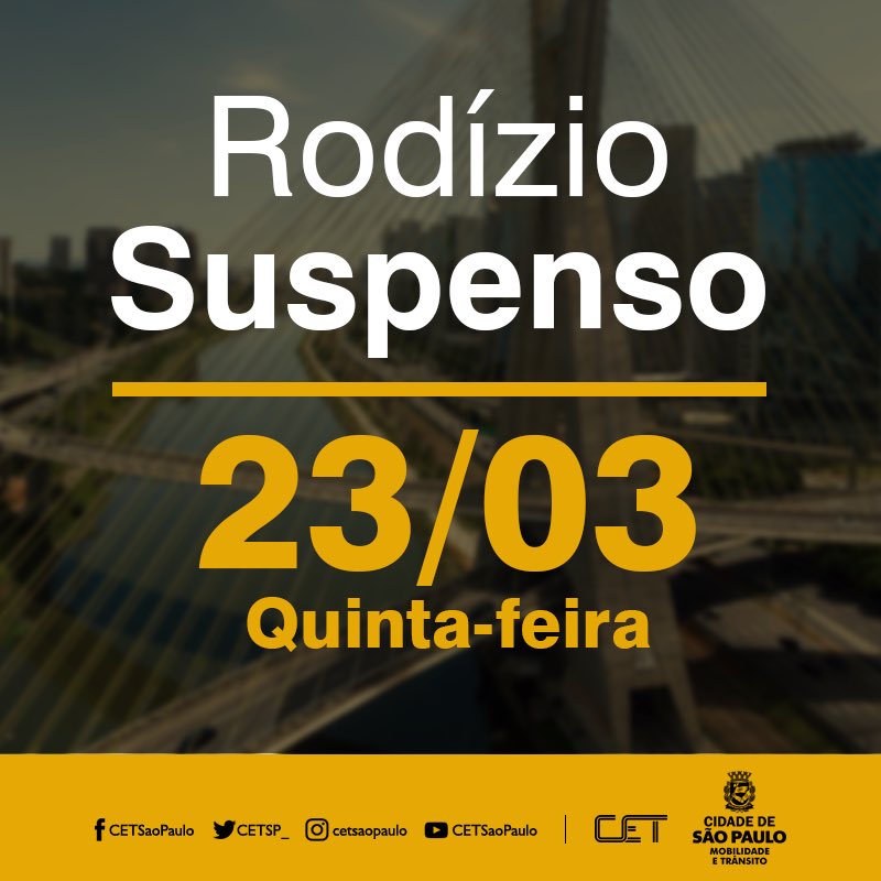 CETSP_'s tweet image. A Prefeitura de São Paulo, por meio da Secretaria de Mobilidade e Trânsito e da Companhia de Engenharia de Tráfego, informa que o Rodízio Municipal de Veículos estará suspenso nesta quinta-feira (23/3), durante todo o dia, em razão da greve dos metroviários.