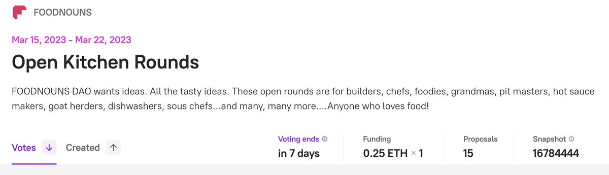 Great job to all the proposers in the FOODNOUNS Prop House Open Kitchen Rounds #1.

15 Proposals from all around the world. 
Voting is open for 7 days. 
prop.house/foodnouns/open…