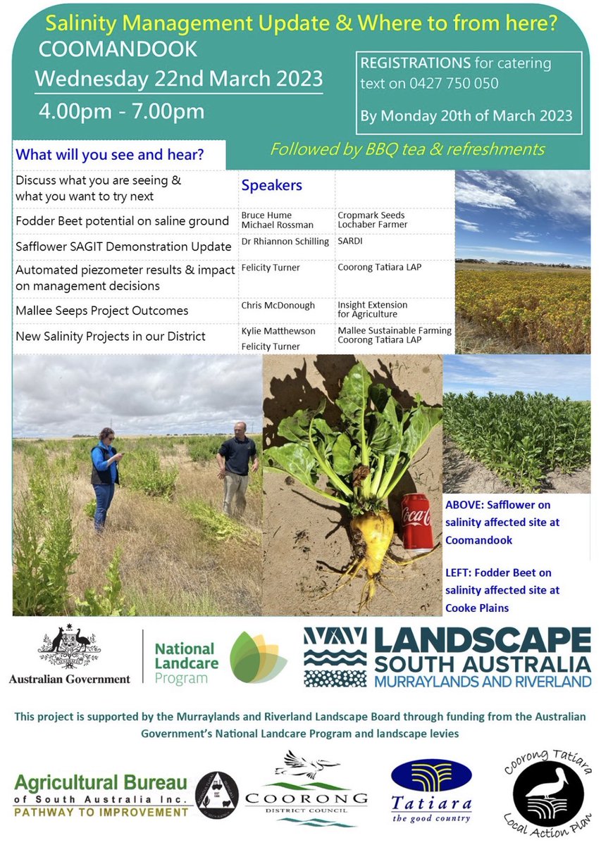 MsfMallee's tweet image. #Coomandook salinity update for growers has given key outcomes from sites with Facility Turner, growing safflower with @SAGrainTrust @Rhi_Schilling, Chris McDonough on Mallee seeps Decision tree. #msfprojects Implementing findings from different projects will benefit farmers.
