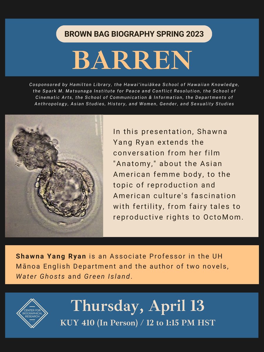 TALK POSTPONED to 4/13: Shawna Yang Ryan's talk will be postponed to Thursday, April 13 at 12 pm HST (KUY 410). See new poster below for details.  

No talk this week, but we're excited to welcome Betsy Fisher to the CBR on 3/30. More details to come.