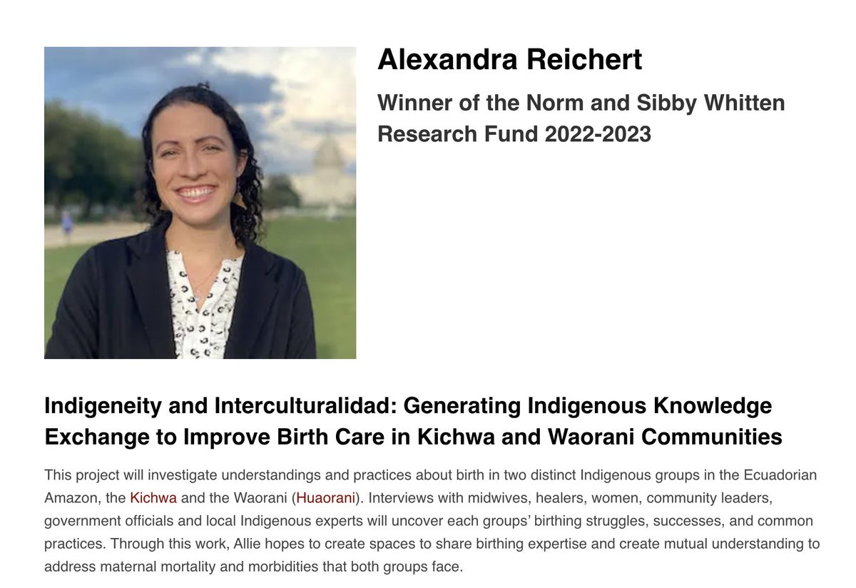 Exciting news! I received the 2023 Norm & Sibby Whitten Research Fund for a pre-dissertation project on  #birthequity #maternalhealth & in collaboration w/ Kichwa & Waorani midwives & healers across the #Amazon. So excited to keep building on #healthequity
bit.ly/3TDEtxB