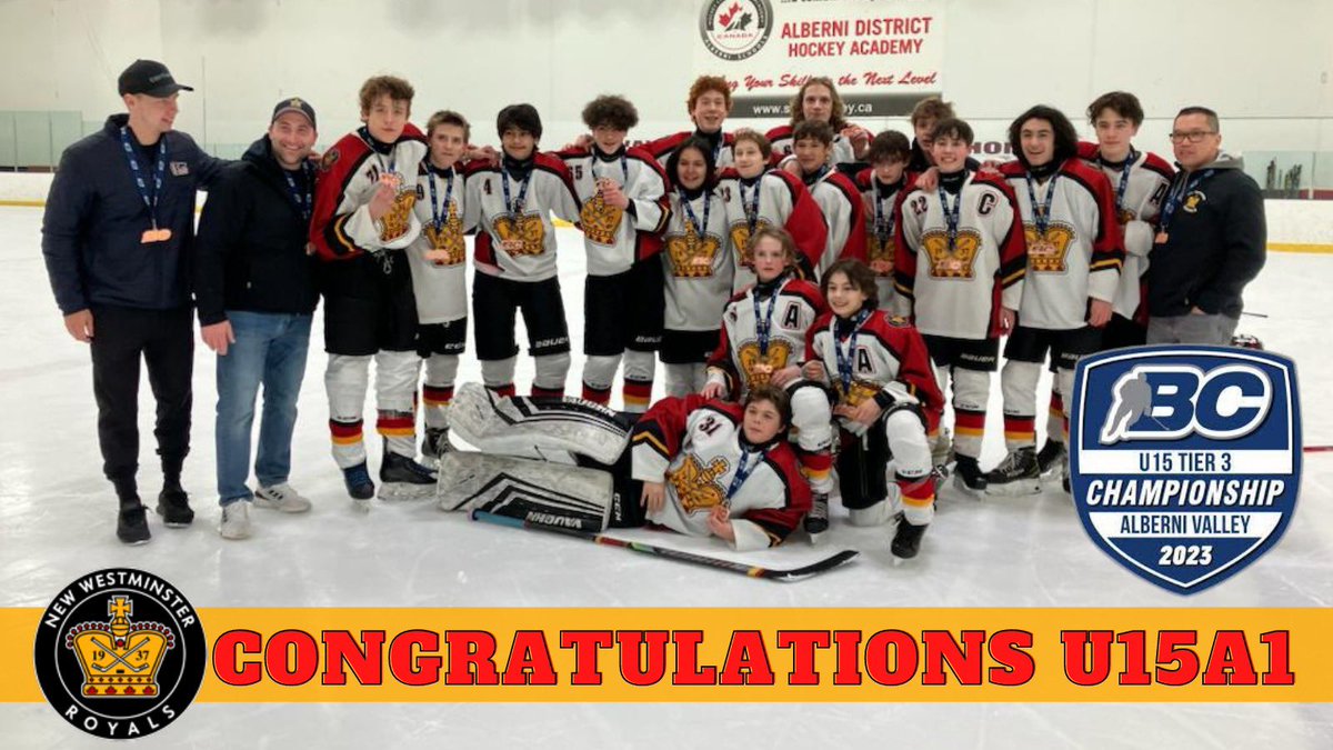 Nwmha's tweet photo. HARDWARE ALERT | Congratulations to our U15A1 Royals Team who defeated Dawson Creek MHA for the 🥉Bronze Medal in the BC Hockey Tier 3 Provincial Championships. The team worked hard throughout the season and tournament and has made us all proud. Well done team! @bchockey_source https://t.co/F0s3Fi6Q4w