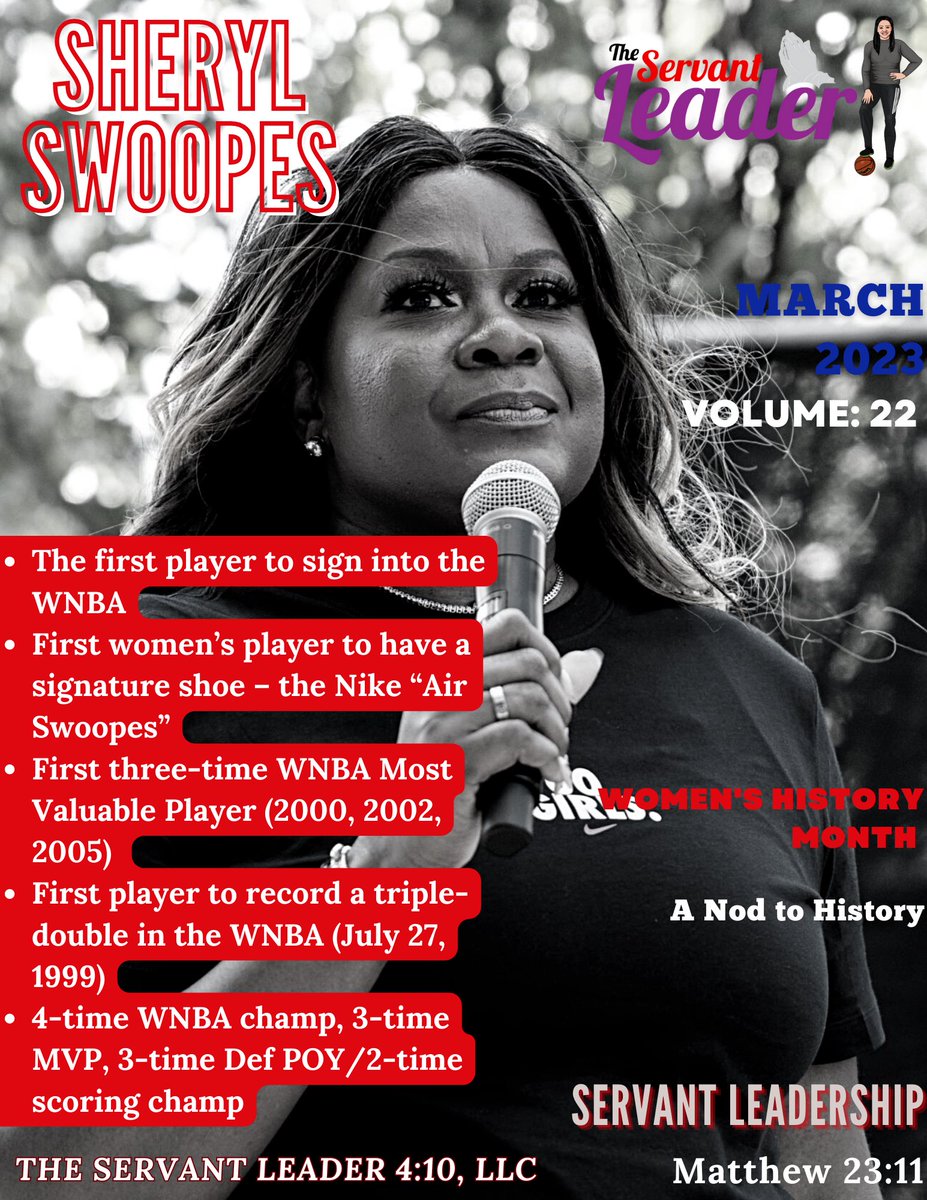 On day 2️⃣2️⃣of Women’s History Month, The Servant Leader Coaches Bible Study would like to give 💐 to one of my sheroes, <a href="/airswoopes22/">Sheryl Swoopes</a> !!

✅ The ☝🏽player to be signed in the <a href="/WNBA/">WNBA</a> (4×- champion)
✅ a 3x-WNBA MVP
✅ 3x-Olympic 🥇 

We salute you, Queen! 👑 #ServantLeader🤲🏽