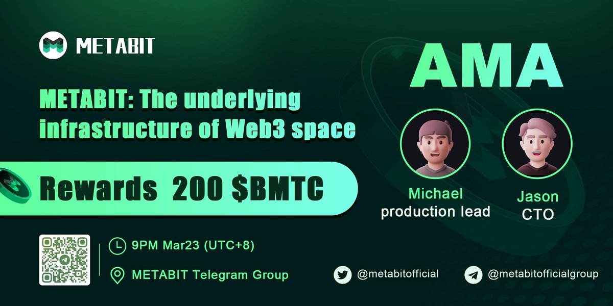 bmtcfoundation's tweet photo. 💎The underlying infrastructure of Web3 space #METABIT #Giveaway 

🎁 Total Reward: 200 $BMTC
📃Easy Task
1️⃣ Follow @metabitofficial
2️⃣ RT &amp; Tag 3 friends
3⃣️Join https://t.co/b4ul8u5Sjp️
⏰ 9pm March 23, 2023（UTC+8)
🔥5 winners
#Airdrop #Giveaway #AMA https://t.co/RYGFcLdcv8