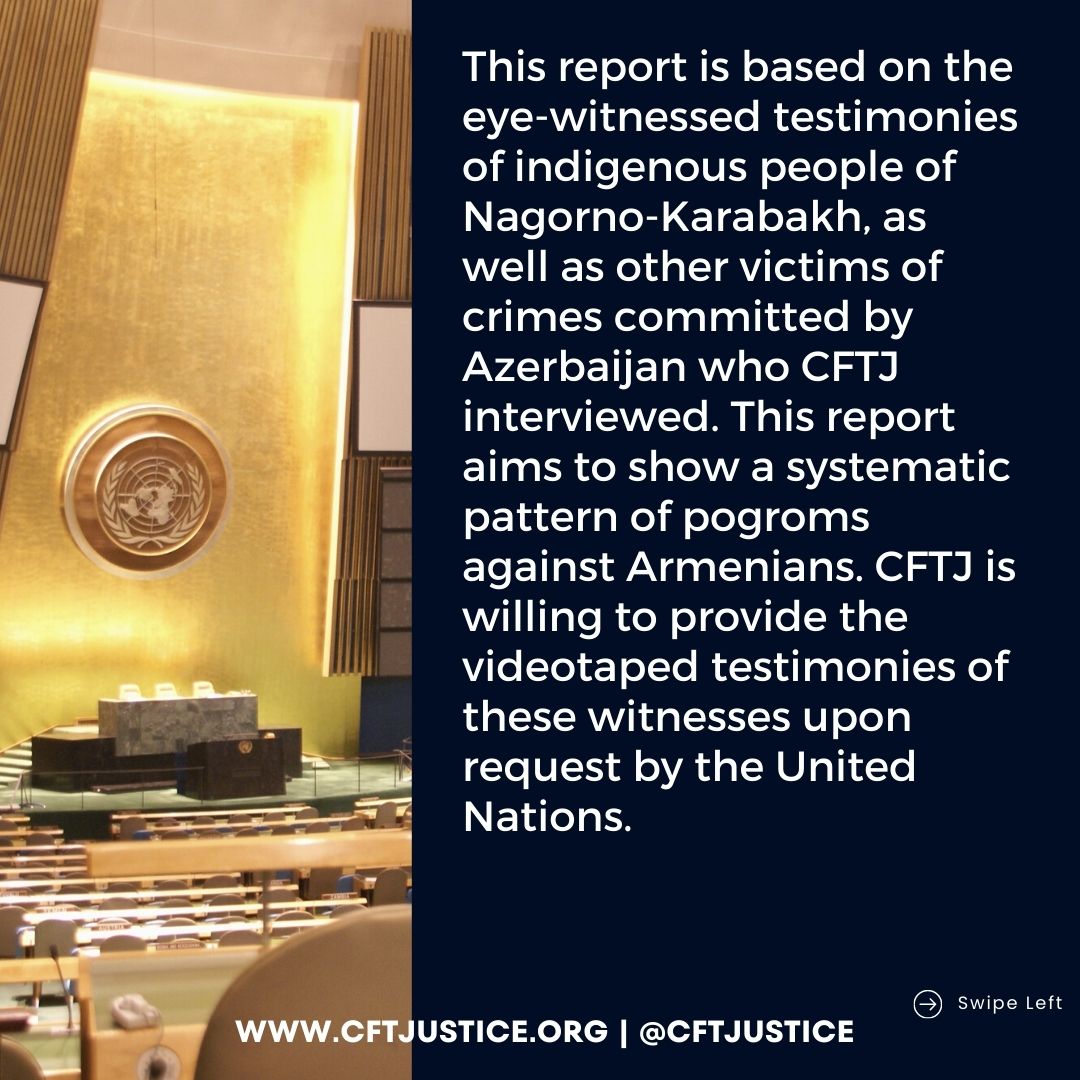 <a href="/CFTJustice/">Center for Truth and Justice</a> submitted report on Extrajudicial Summary or Arbitrary Executions to <a href="/UN/">United Nations</a> based on the eye-witnessed testimonies of indigenous people of #NagornoKarabakh which shows a systematic pattern of pogroms against Armenians committed by #Azerbaijan.
Link for full report below.