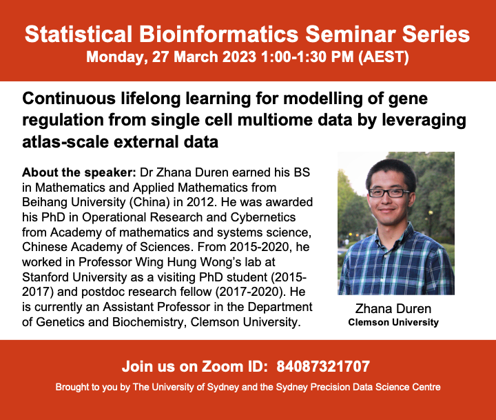 Sydney Precision Data Science Centre (@sydneybioinfo) on Twitter photo How can we increase the accuracy of inferred context-specific Gene Regulatory Networks (GRNs) from genomics data? Next week, join us on Zoom with <a href="/DurenZhana/">Zhana Duren都仁扎那</a> who will present on scPECA, a method which can provide 3 times higher accuracy compared to other methods. How can we increase the accuracy of inferred context-specific Gene Regulatory Networks (GRNs) from genomics data? Next week, join us on Zoom with <a href="/DurenZhana/">Zhana Duren都仁扎那</a> who will present on scPECA, a method which can provide 3 times higher accuracy compared to other methods.