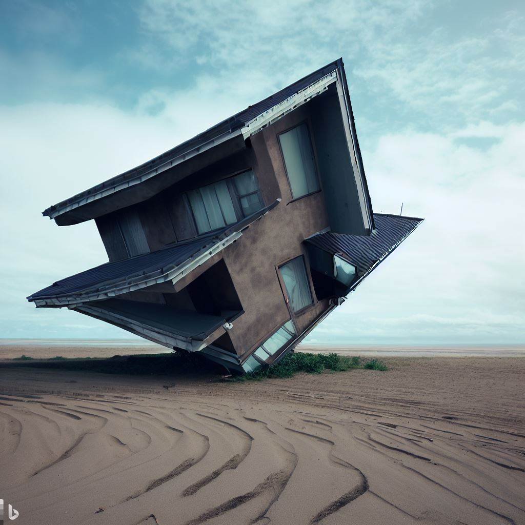 A lonely Hokkaido local house turned into a Brutalist-inspired object, which features curved, tilted, fractalized elements, floating in the cloudy sky while ignoring gravitational force, upside-down, in Notsuke sandspit.