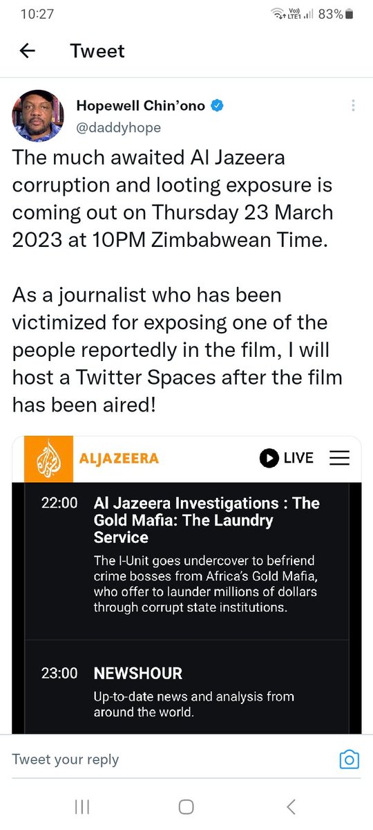 Pachisolife's tweet photo. Breaking news!!!!!!!!!!!

Hopewell Chin'ono takes over Aljezeera Zimbabwe:

Hopewell Chin'ono has now taken over the editing and publishing of the Aljezeera documentary:

I am no longer going to watch that nonsense. It is now a Propaganda documentary devoid of facts https://t.co/Azp2csOcv4