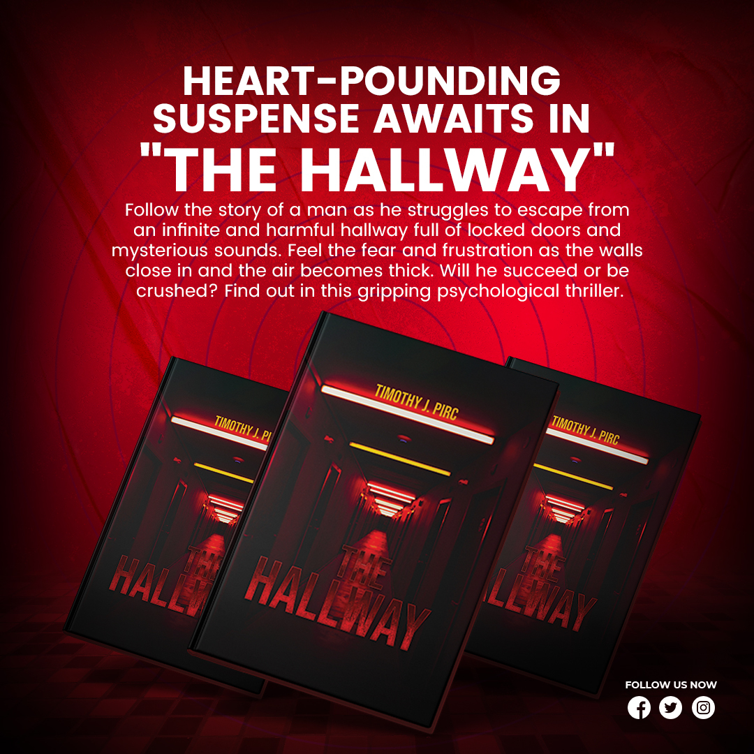 TimPirc's tweet photo. Follow the story of a man as he struggles to escape from an infinite 
and harmful hallway full of locked doors and mysterious sounds. Feel
the fear and frustration as the walls close in and the air becomes 
thick.
#timpirc #thehallway #thriller #suspense #mysterious #pageturner https://t.co/Yf400VggNg
