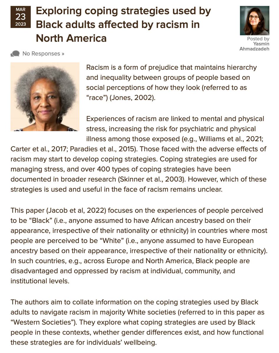 The Mental Elf (@mental_elf) on Twitter photo Today Yasmin Ahmadzadeh <a href="/yaszadeh/">Dr Yasmin Ahmadzadeh</a> from the <a href="/TRADEproject_UK/">TRADE Research Project</a> considers a systematic review of the coping strategies employed by Black adults in North America to navigate experiences of racism.
nationalelfservice.net/?p=162966 Today Yasmin Ahmadzadeh <a href="/yaszadeh/">Dr Yasmin Ahmadzadeh</a> from the <a href="/TRADEproject_UK/">TRADE Research Project</a> considers a systematic review of the coping strategies employed by Black adults in North America to navigate experiences of racism.
nationalelfservice.net/?p=162966