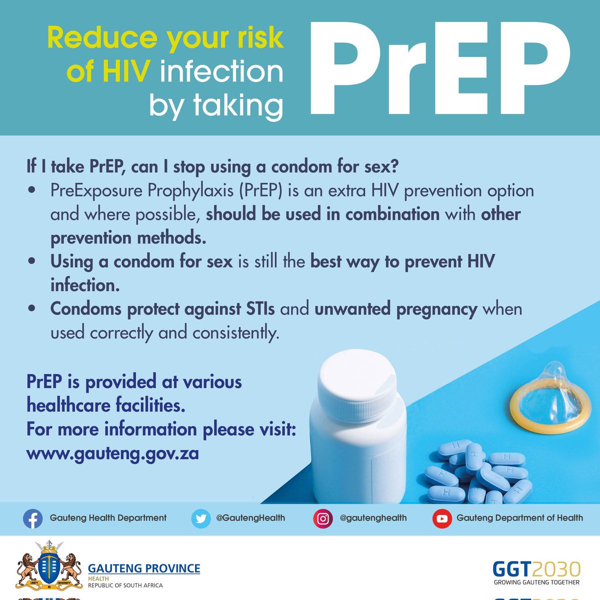 Reduce risk of HIV infection by taking PreExposure Prophylaxis (PrEP). Remember, using a condom is still the best way to prevent HIV infection #ChekaImpilo #AsibeHealthyGP